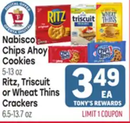 Tony’s Fresh Market Nabisco Chips Ahoy Cookies-5-13 oz., Ritz, Triscuit or Wheat Thins Crackers. 5-13.7 oz offer