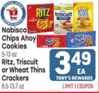 Tony’s Fresh Market Nabisco Chips Ahoy Cookies-5-13 oz., Ritz, Triscuit or Wheat Thins Crackers. 5-13.7 oz offer