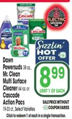 Jewel-Osco Dawn Powersuds 38 oz., Mr. Clean Multi Surface Cleaner 64 oz. or Cascade Action Pacs 19-33 ct offer