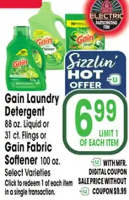 Jewel-Osco Gain Laundry Detergent 88 oz. Liquid or 31 ct. Flings or Gain Fabric Softener 100 oz offer