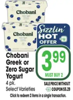 Jewel-Osco Chobani Greek or Zero Sugar Yogurt offer