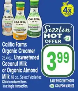 Jewel-Osco Califia Farms Organic Creamer 25.4 oz., Unsweetened Coconut Milk or Organic Almond Milk 48 oz offer
