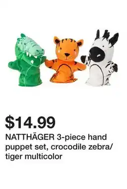 Ikea NATTHÄGER 3-piece hand puppet set, crocodile zebra/tiger multicolor offer