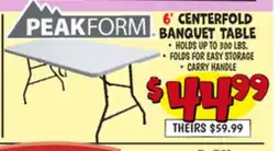 Ollie's PEAKFORM 6' CENTERFOLD BANQUET TABLE offer