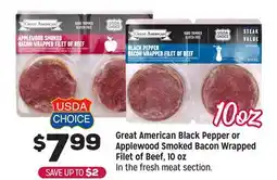 Grocery Outlet Great American Black Pepper or Applewood Smoked Bacon Wrapped Filet of Beef, 10 oz offer