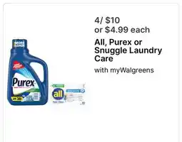 Walgreens All, Purex or Snuggle Laundry Care offer