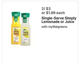 Walgreens Single-Serve Simply Lemonade or Juice offer