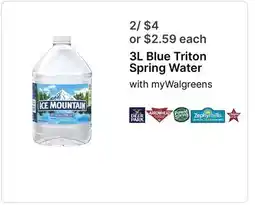 Walgreens 3L Blue Triton Spring Water offer