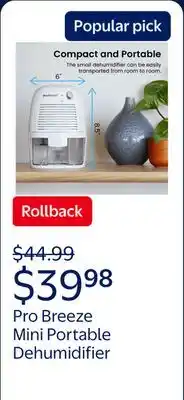 Walmart Pro Breeze Mini Portable Dehumidifier, 17oz Ultra Quiet Compact Peltier Dehumidifier, 215 Sqft 1pack offer