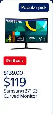 Walmart Samsung 27 Essential S3 (S36GD) FHD 100Hz Curved Monitor - LS27D36DGANXZA offer