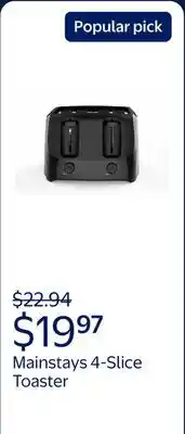 Walmart Mainstays 4-Slice Toaster Black with 6 Shade Settings and Removable Crumb Tray offer
