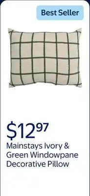 Walmart Mainstays Ivory & Green Windowpane Decorative Pillow offer