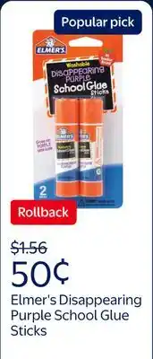 Walmart Elmer's Disappearing Purple School Glue Sticks, Washable offer