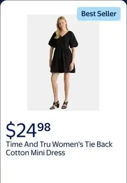 Walmart Time And Tru Women's Tie Back Cotton Mini Dress with Puff Sleeves offer