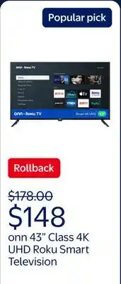 Walmart onn 43 Class 4K UHD (2160P) LED Roku Smart Television HDR (100012584) offer