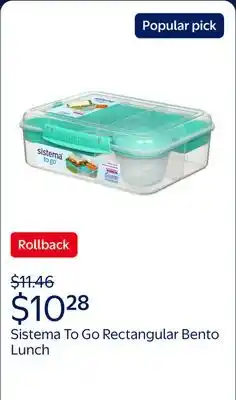 Walmart Sistema To Go, 1.65L/6.9 Cups, 1 Pack, Plastic Rectangular Bento Lunch with Yogurt Pot, Teal offer