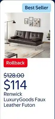 Walmart Renwick LuxuryGoods Modern Faux Leather Futon with Cupholders and Pillows, Espresso offer