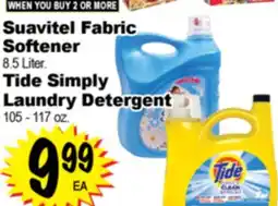 Superior Grocers Suavitel Fabric Softener 8.5 Liter., Tide Simply Laundry Detergent 105 - 117 oz offer