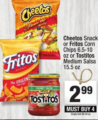 Super King Markets Cheetos Snacks or Fritos Corn Chips 6.5-10 oz or Tostitos Medium Salsa 15.5 oz offer
