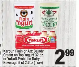 Super King Markets Karoun Plain or Arz Balady Cream on Top Yogurt 32 oz or Yakult Probiotic Dairy Beverage 5 ct 2.7oz offer