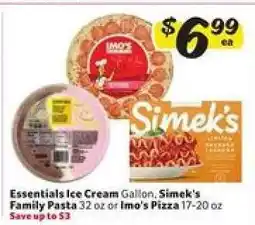 Winn Dixie Essential's Ice Cream, Simek's Family Pasta, or Imo's Pizza offer