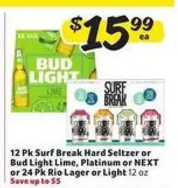 Winn Dixie 12 Pk Surf Break Hard Seltzer or Bud Light Lime, Platinum or NEXT or 24 Pk Rio Lager or Light 12 oz offer