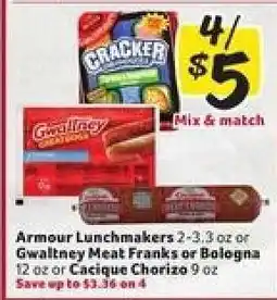 Winn Dixie Armour Lunchmakers, Gwaltney Meat Franks or Bologna, Cacique Chorizo offer