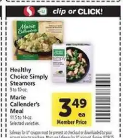 Safeway Healthy Choice Simply Steamers & Marie Callender’s Meal offer