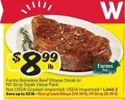 Winn Dixie Farms Boneless Beef Ribeye Steak or NY Strip Steak Value Pack offer