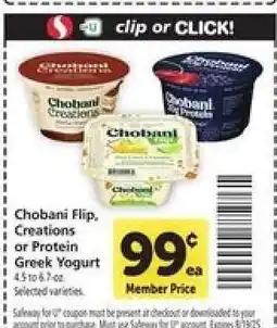 Safeway Chobani Flip, Creations or Protein Greek Yogurt offer