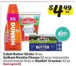 Winn Dixie Cabot Butter Sticks, Galbani Ricotta Cheese, Dunkin' Creamer offer