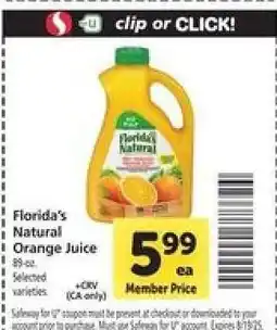 Safeway Florida's Natural Orange Juice offer