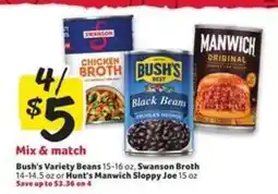 Winn Dixie Bush's Variety Beans, Swanson Broth, Hunt's Manwich Sloppy Joe offer