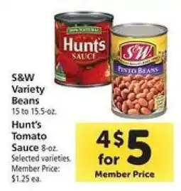 Safeway S&W Variety Beans & Hunt's Tomato Sauce offer