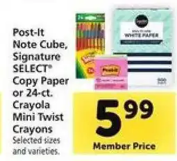 Safeway Post-It Note Cube, Signature SELECT Copy Paper or 24-ct. Crayola Mini Twist Crayons offer