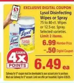 Safeway Lysol Disinfecting Wipes or Spray offer