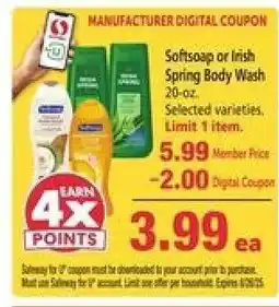 Safeway Softsoap or Irish Spring Body Wash offer