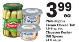 ACME Philadelphia Cream Cheese Tub 7.5-8 oz. ctn. Claussen Kosher Dill Spears 24 fl. oz. jar offer