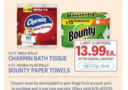 Kings Food Markets 12 CT. MEGA ROLLS CHARMIN BATH TISSUE, 6 CT. DOUBLE PLUS ROLLS BOUNTY PAPER TOWELS offer