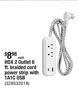 The Home Depot HDX 2 Outlet 6 ft. braided cord power strip with 1A1C USB offer