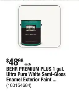 The Home Depot BEHR PREMIUM PLUS 1 gal. Ultra Pure White Semi-Gloss Enamel Exterior Paint & Primer offer