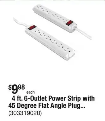 The Home Depot 4 ft. 6-Outlet Power Strip with 45 Degree Flat Angle Plug, White (2-Pack) offer