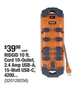 The Home Depot RIDGID 10 ft. Cord 10-Outlet, 2.4 Amp USB-A, 15-Watt USB-C, 4200J Surge Protector offer