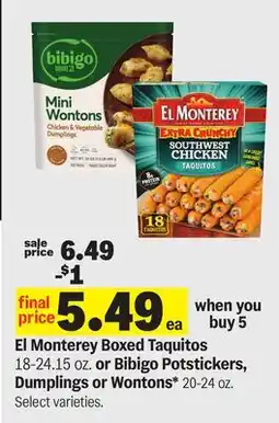 Meijer El Monterey Boxed Taquitos 18-24.15 oz. or Bibigo Potstickers, Dumplings or Wontons* 20-24 oz offer