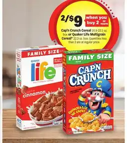 Meijer Cap'n Crunch Cereal 16.9-22.1 oz. box or Quaker Life Multigrain Cereal* 22.3 oz. box offer