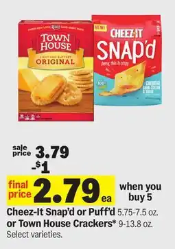 Meijer Cheez-It Snap'd or Puff'd 5.75-7.5 oz. or Town House Crackers* 9-13.8 oz offer