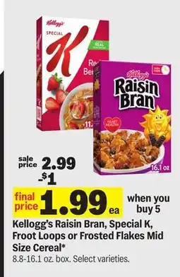 Meijer Kellogg's Raisin Bran, Special K, Froot Loops or Frosted Flakes Mid Size Cereal offer