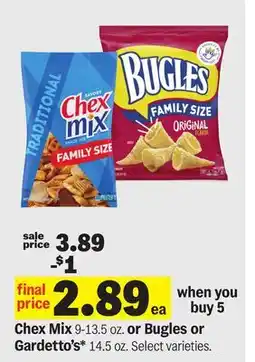 Meijer Chex Mix 9-13.5 oz. or Bugles or Gardetto's* 14.5 oz offer