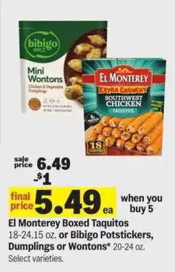 Meijer El Monterey Boxed Taquitos or Bibigo Potstickers, Dumplings or Wontons offer