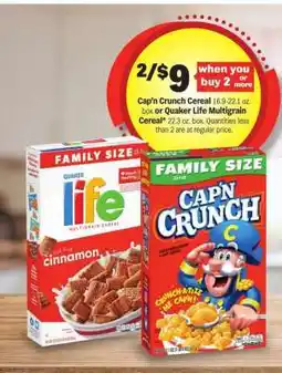 Meijer Cap’n Crunch Cereal or Quaker Life Multigrain Cereal offer